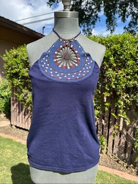 Banana Republic Navy Halter Knit Tank with Beaded Crochet Yoke